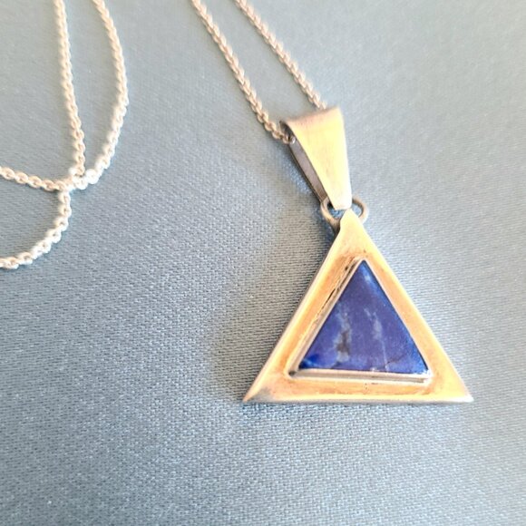 Lapis Lazuli and sterling silver triangular necklace on chain. - Picture 6 of 10